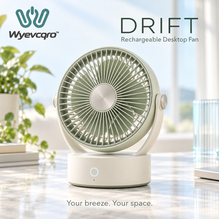 Wyevcqro™ Drift Desktop Fan — Compact Rechargeable Personal Desk Fan with Adjustable Tilt