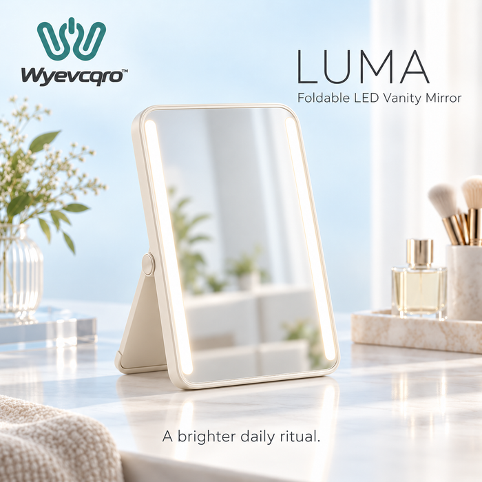 Wyevcqro™ Luma Foldable LED Vanity Mirror — Rechargeable Rectangular Makeup Mirror with Adjustable Brightness
